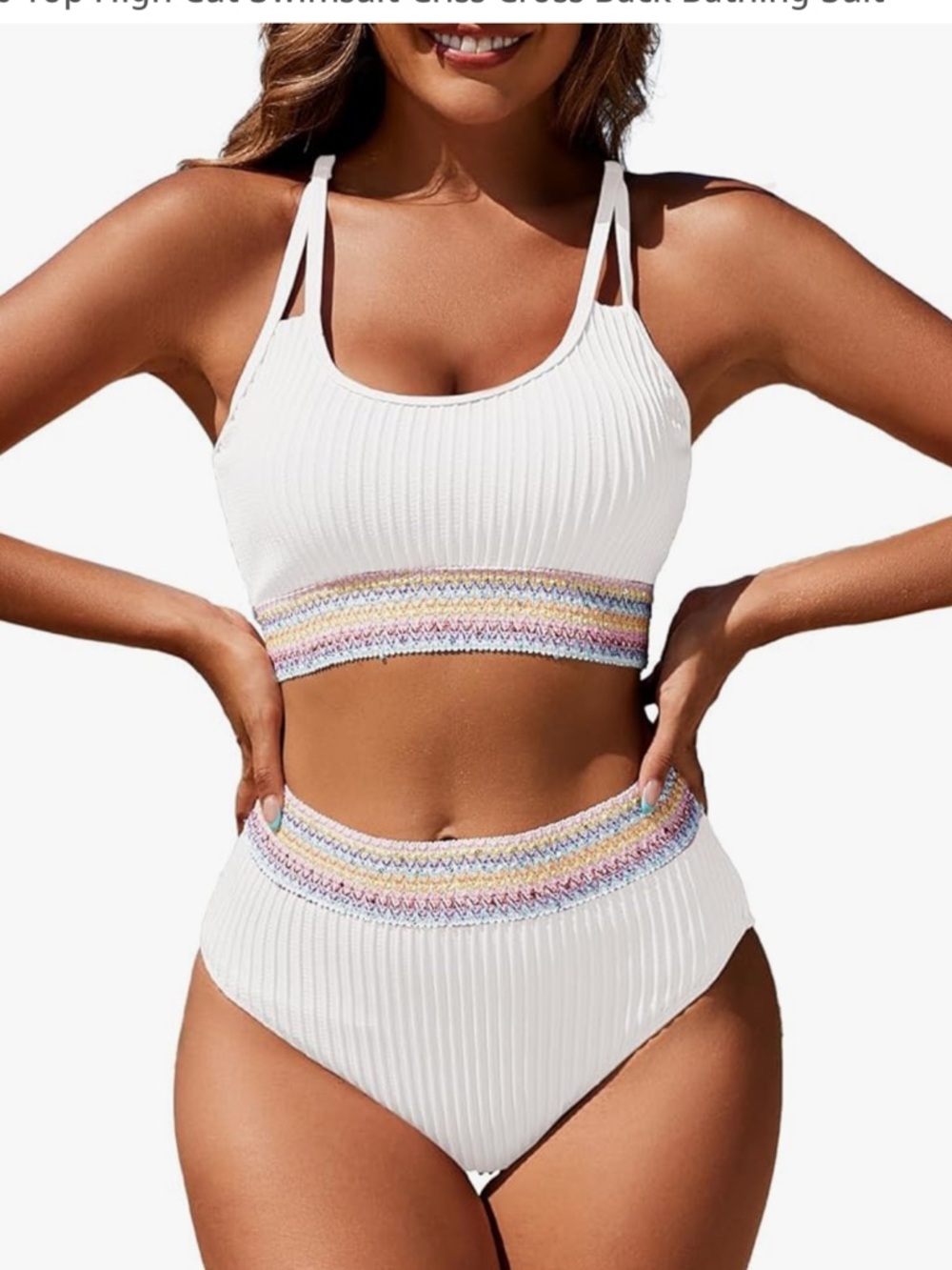 High Waisted Ribbed Bikini Crop Top High Cut Swimsuit Criss Cross Back